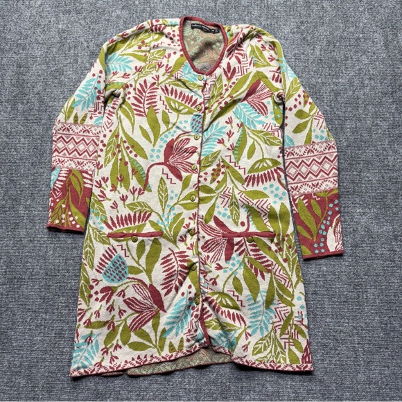 Gudrun Sjoden Cardigan Womens XS Green Long Linen Cotton Blend Floral Lagenlook - Picture 1 of 8